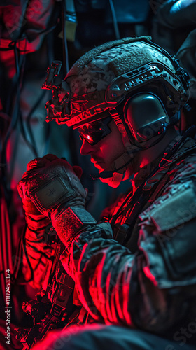 U.S. Army communication officer operating advanced technology in a tactical environment, wearing military gear and headset, with high-tech equipment and dim, strategic lighting