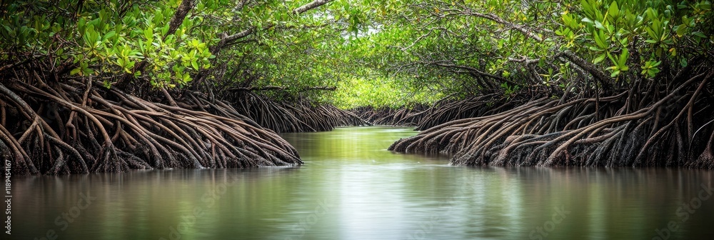 Fototapeta premium Mangrove forest river, tranquil waterway, lush green canopy, ecosystem, nature