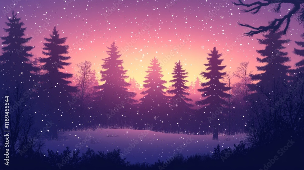 Fototapeta premium Magical winter forest landscape with snowfall, twilight colors, and silhouetted pine trees