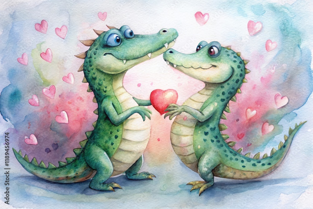 Naklejka premium Cute Crocodile Couple Valentine's Day - Adorable cartoon crocodiles exchanging a heart, symbolizing love, romance, affection, Valentine's Day, and tenderness.