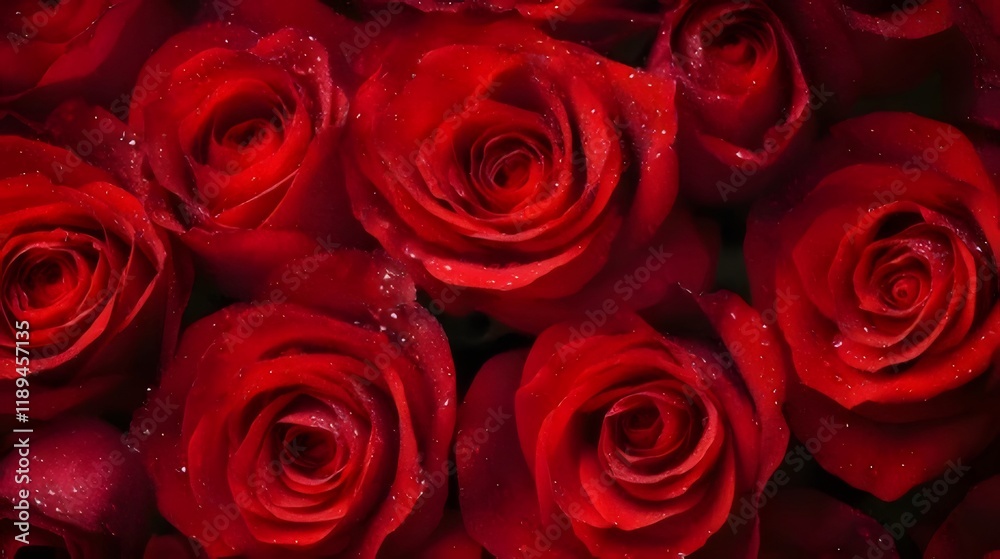 Close-up of many red roses with water droplets. Close-up of many red roses with water droplets.