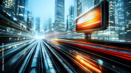 Dynamic city nightscape with speeding train and illuminated billboard, conveying themes of rapid urban progress and modern advertising. photo