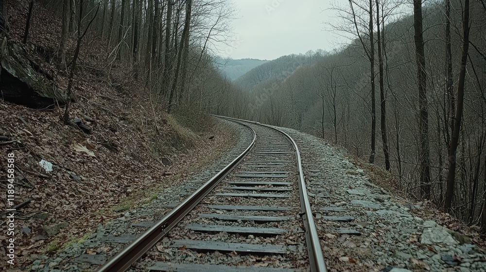 Fototapeta premium A winding railway track stretches through a barren forest, flanked by trees and rocky terrain under a muted sky.