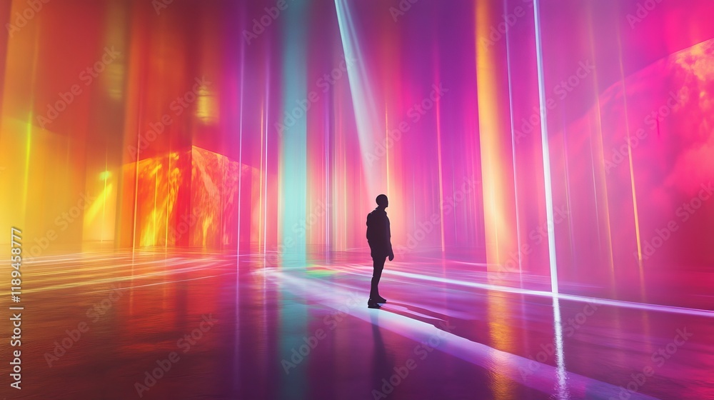 A man surrounded by a vivid, colorful environment with dynamic light beams creating abstract art A man surrounded by a vivid, colorful environment with dynamic light beams creating abstract art