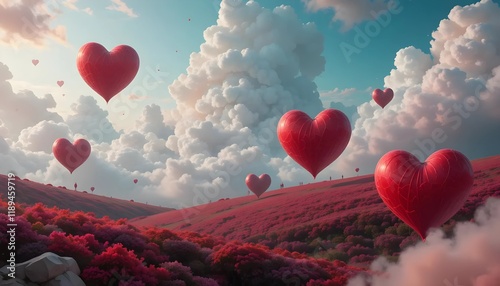 Romantic Heart-Shaped Balloons Floating Over Vibrant Red Hills Under a Dramatic Cloudy Sky