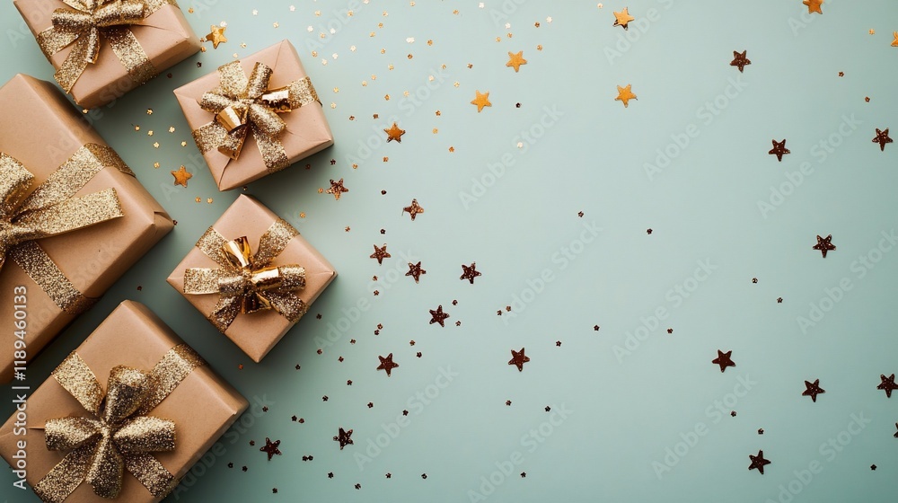 Festive gifts with gold bows and confetti on a pastel background. Festive gifts with gold bows and confetti on a pastel background.
