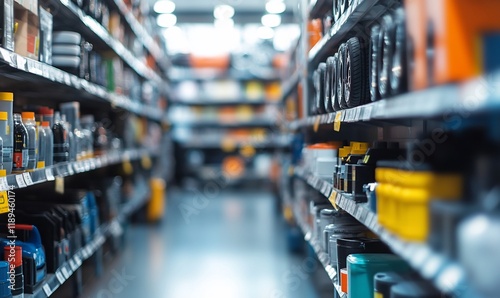 Well-stocked aisle in an auto parts store, showcasing various automotive products.