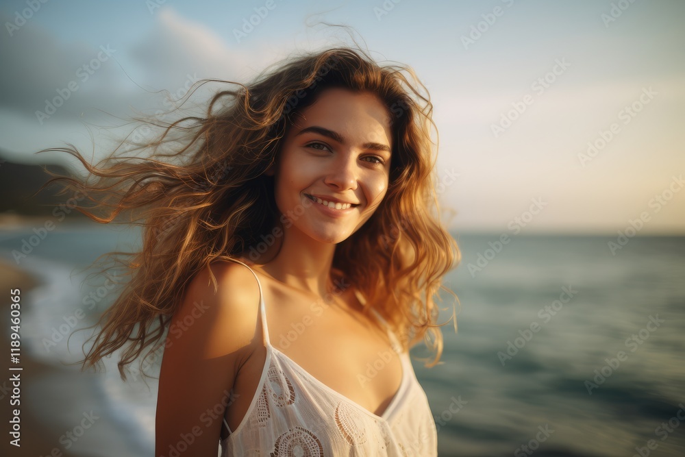 Portrait of the smiling caucasian female with wind fluttering hair on summer beach at sunset close up. Health, relaxation, travel concept Portrait of the smiling caucasian female with wind fluttering hair on summer beach at sunset close up. Health, relaxation, travel concept