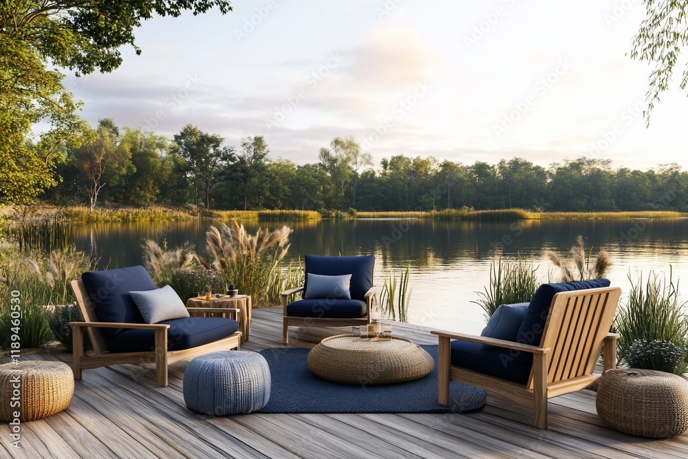 Fototapeta premium Lakeside patio furniture set with blue cushions on wooden deck at sunset.