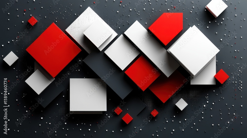 Abstract geometric composition with red, white, and gray shapes on a dark background. Abstract geometric composition with red, white, and gray shapes on a dark background.