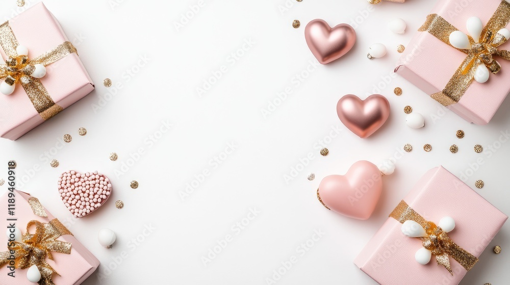 Delicate pink gift boxes adorned with white ribbons and heart-shaped candles create a calm and festive mood on a simple table