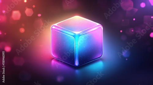 A 3D cube surrounded by glowing neon lines, rotating and casting colorful light reflections. photo