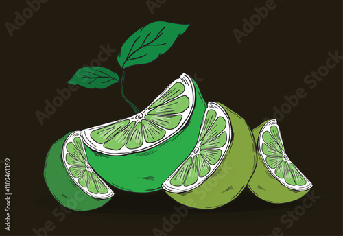 Fresh lime wedges and leaves creating a vibrant composition
