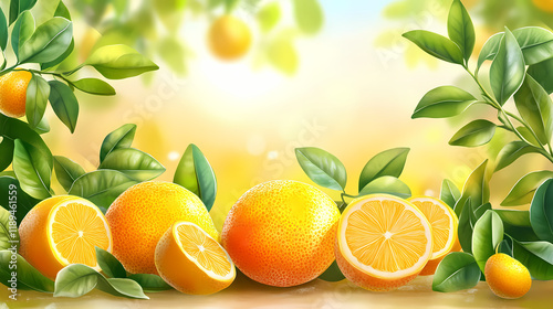 Refreshing national sunkist citrus day setup, oranges and lemons with green leaves, sunny backdrop. Sunmist. Illustration photo