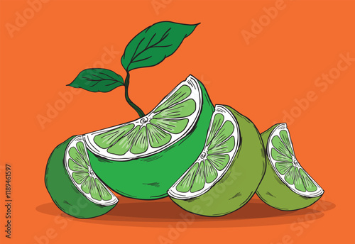 Fresh lime wedges and leaves creating a vibrant composition