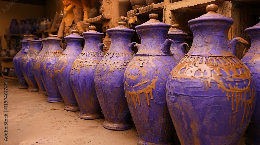 Row of Purple and Brown Clay Jugs Pottery Workshop Row of Purple and Brown Clay Jugs Pottery Workshop