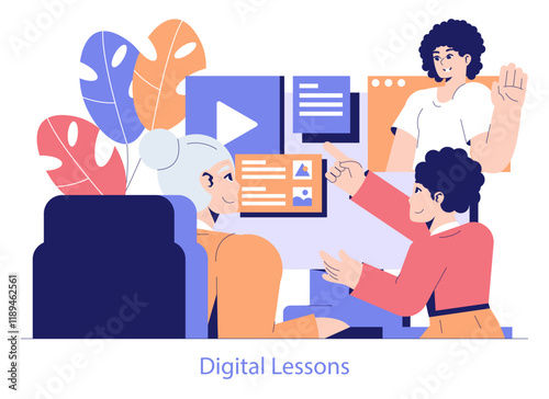 Tech Help Across Generations. Flat Vector Illustration
