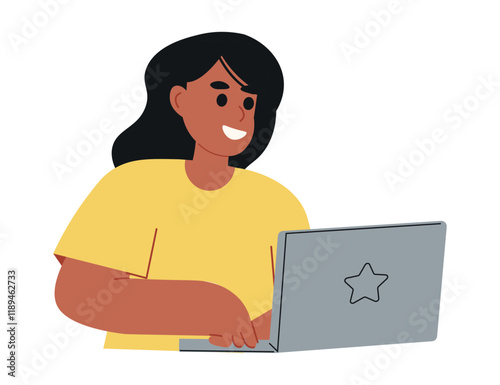 The girl is working on a laptop. Happy office worker or freelancer working from home. Online virtual communication