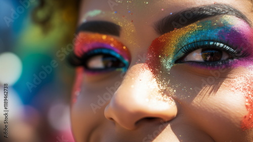 Pride theme, a close up of a person's face painted with rainbow color, LGBTQ+  