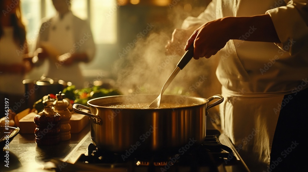 Naklejka premium Chef stirring a large pot of steaming soup in a professional kitchen.