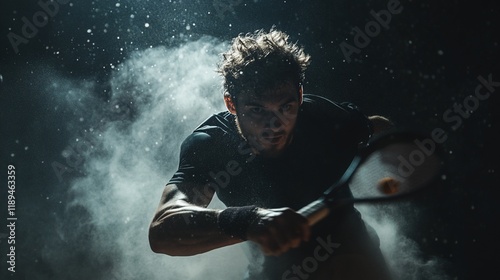 Intense squash player in action, dark background, dramatic lighting, dust particles.