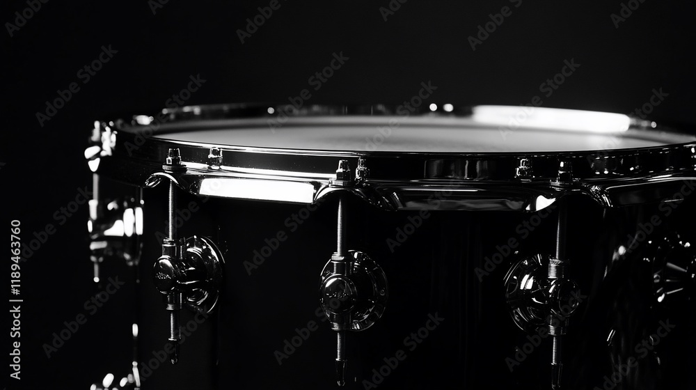 Close-up of a black drum with chrome hardware against a dark background. Close-up of a black drum with chrome hardware against a dark background.