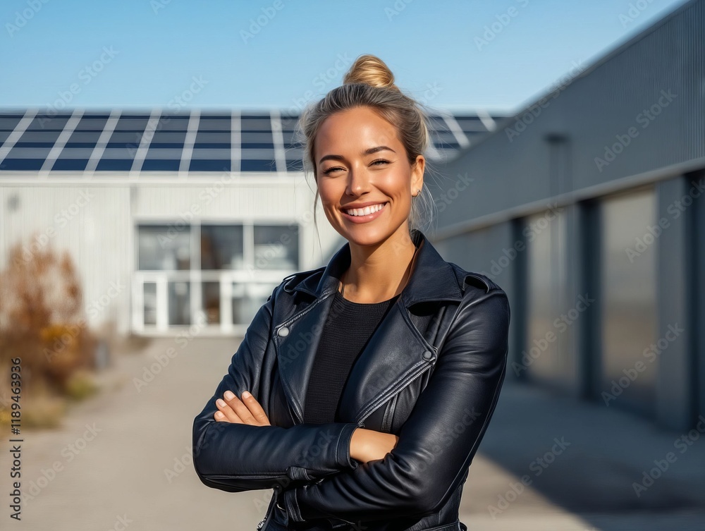 A woman standing in front of a building with solar panels in the background A woman standing in front of a building with solar panels in the background