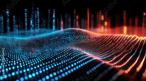 A 3D digital landscape with neon particles swirling in a dynamic pattern above a reflective surface.