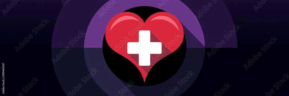 Obraz premium A creative minimalist Valentines Day poster design with a retro dark theme. There is a red heart with a white cross in the middle of it. The heart is surrounded by a black circle.