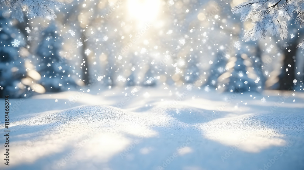 Serene winter wonderland scene falling snow softly blankets a snow-covered forest floor bathed in sunlight. Perfect for winter holiday or seasonal greeting cards. Serene winter wonderland scene falling snow softly blankets a snow-covered forest floor bathed in sunlight. Perfect for winter holiday or seasonal greeting cards.