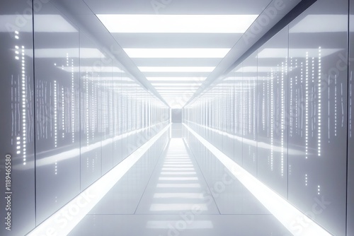long corridor of modern data center with rows of illuminated servers on both sides under bright white lights photo