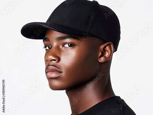 A young man wearing a black baseball cap