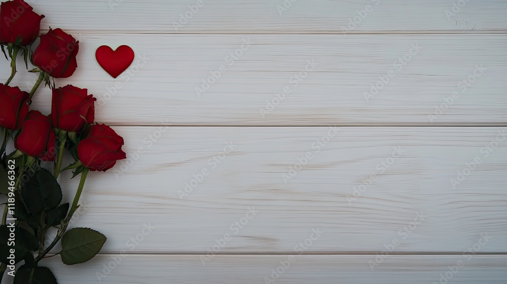 Rich red roses pop against a white wooden backdrop, highlighting their vibrant color and intricate details Rich red roses pop against a white wooden backdrop, highlighting their vibrant color and intricate details