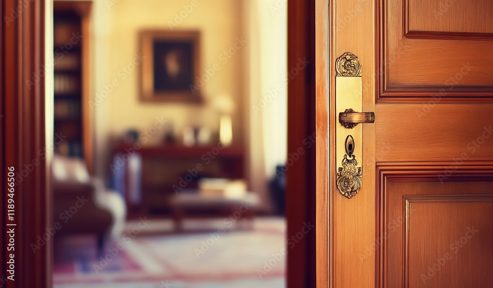 Obraz premium Open wooden door revealing a blurred luxurious living room interior.
