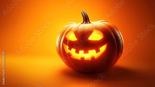 Glowing Jack-o'-lantern on Orange Background: A Spooky Halloween Symbol photo