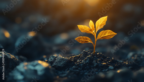 A small sprout growing from the soil, illuminated by a golden beam of light. The scene symbolizes growth and hope. representing startup business growth. photo