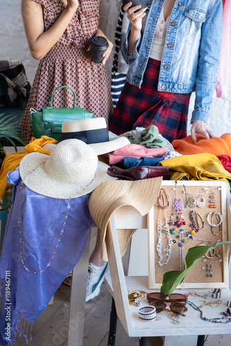 Young women at swap party. Choose casual clothes, shoes, hats, bags, jewellery. Idea of exchange your old wardrobe for new. Eco friendly cloth concept. Zero waste shopping, reduce and reuse, donation
