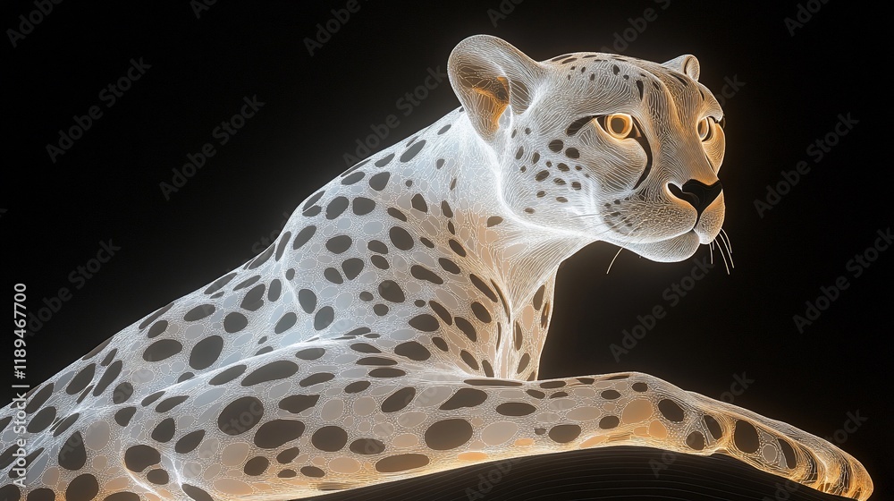 Naklejka premium Glowing cheetah resting, detailed fur, dark background.