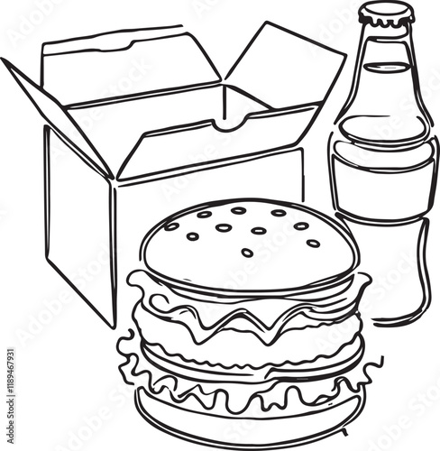 Clean Line Drawing of Cheeseburger in Takeout Box - Vector