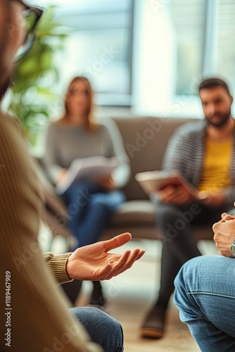 mentor discussing career advancement strategies with small group of professionals in relaxed environment