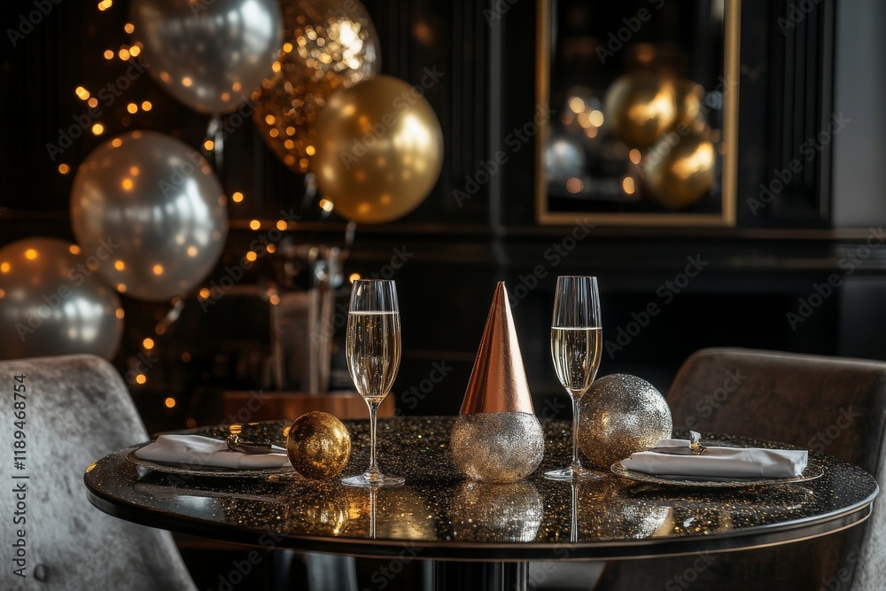 A romantic New Year's Eve dinner setting for two, featuring champagne flutes, party hats, and glittering decorations A romantic New Year's Eve dinner setting for two, featuring champagne flutes, party hats, and glittering decorations
