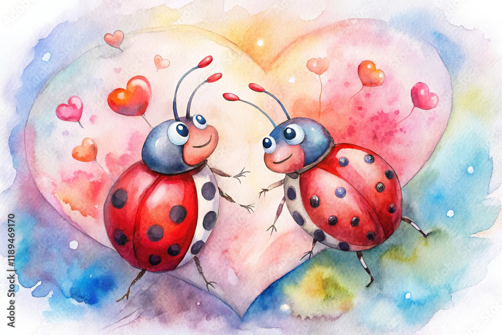 Naklejka premium Ladybug Love Watercolor Painting - Two cute ladybugs, hearts, love, affection, romance.