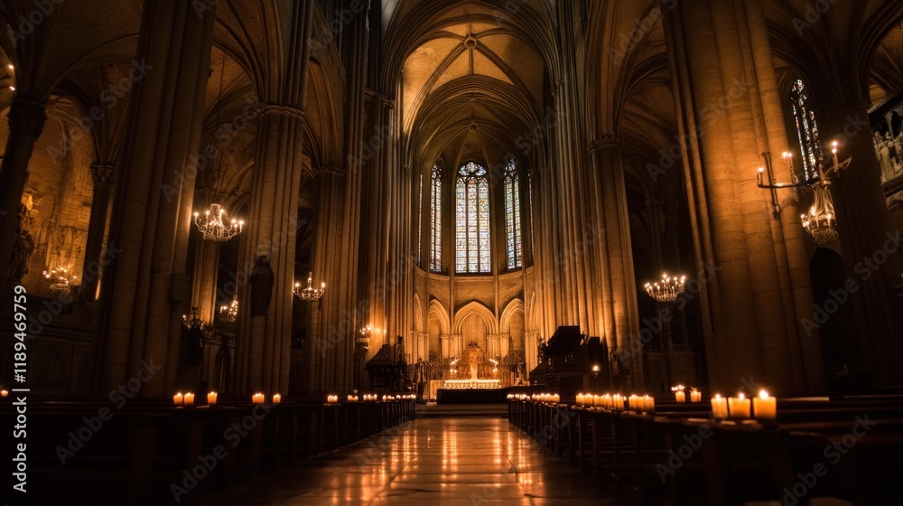 Grand cathedral interior, illuminated by candles, with stained glass windows and vaulted arches. Grand cathedral interior, illuminated by candles, with stained glass windows and vaulted arches.