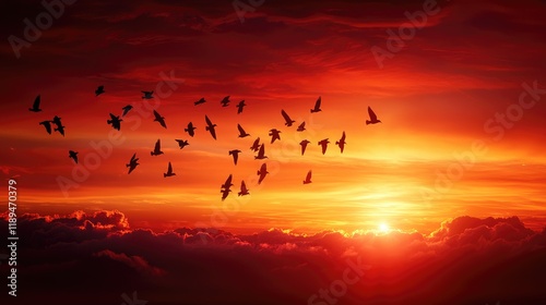 Wallpaper Mural Flock of Birds Flying Across Dramatic Sunset in Cloudy Sky Torontodigital.ca