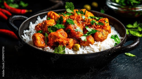 Delicious Spicy Chicken Curry with Rice and Fresh Herbs Garnish