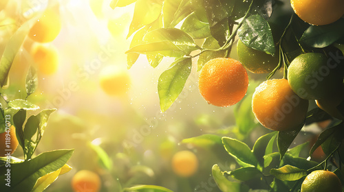 Lively national sunkist citrus day background, oranges and limes in natural setting with sunlight. Sunmist. Illustration photo