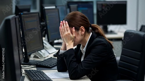 Stressed Businesswoman in Office, Feeling Overwhelmed by Workload and Deadlines, Shows Signs of Burnout and Anxiety - Needs a Break