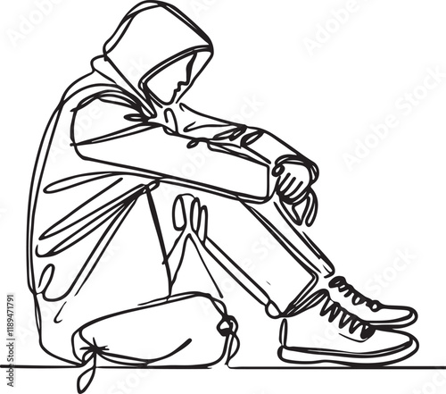 Homelessness in Focus. Line Drawing Vector Art of a Homeless Person