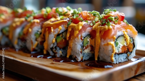 delicious sushi with mentai sauce