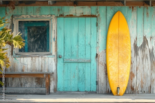 A surfboard leaning against a weathered beach shack.